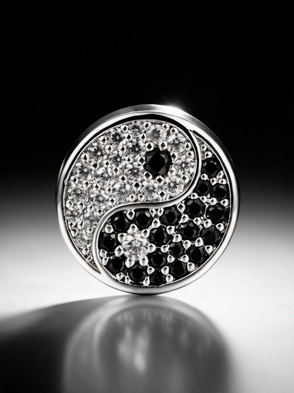 Sparkling Yin Yang Black & Clear Crystal Charm, Sterling Silver Jewelry